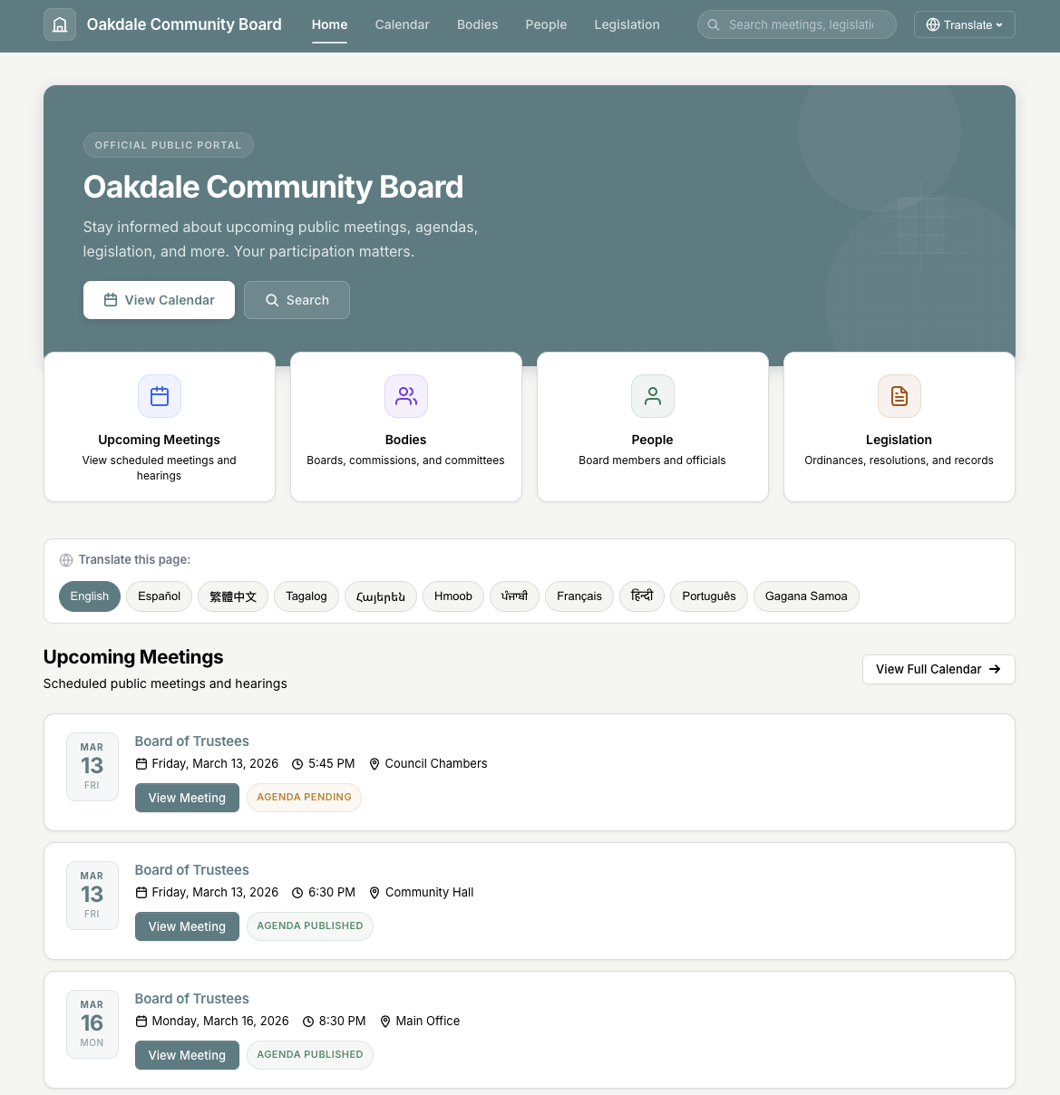 CivicCA Public Portal — meeting calendar, agendas, and public comment for residents